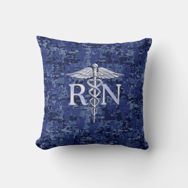 Registered Nurse RN Silver Caduceus on Navy Camo Cushion (Front)