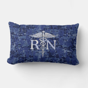 Registered Nurse RN Silver Caduceus on Navy Camo Lumbar Cushion