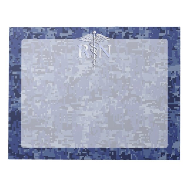 Registered Nurse RN Silver Caduceus on Navy Camo Notepad (Front)