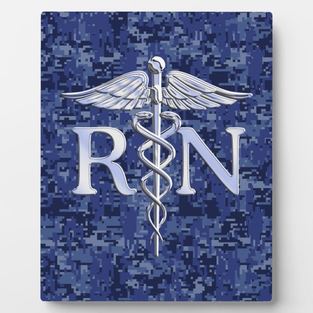 Registered Nurse RN Silver Caduceus on Navy Camo Plaque (Front)
