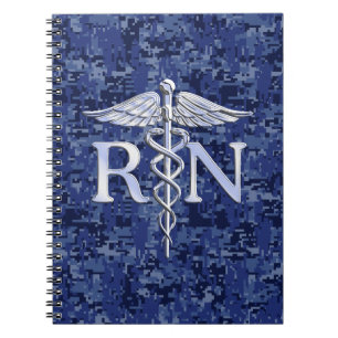 Registered Nurse RN Silver Caduceus on Navy Camo Spiral Notebook