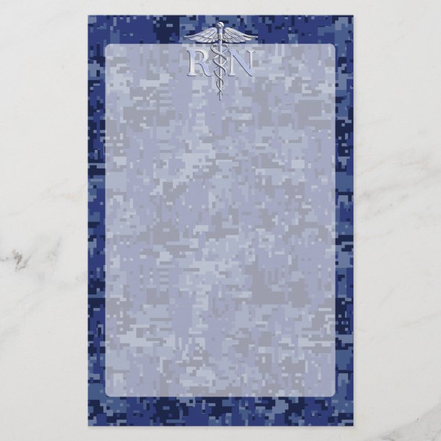 Registered Nurse RN Silver Caduceus on Navy Camo Stationery (Front)
