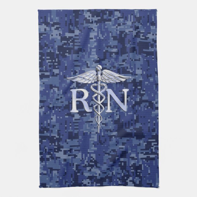 Registered Nurse RN Silver Caduceus on Navy Camo Tea Towel (Vertical)