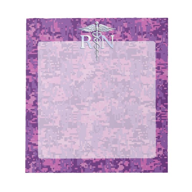 Registered Nurse RN Silver Caduceus on Pink Camo Notepad (Front)