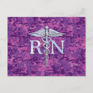 Registered Nurse RN Silver Caduceus on Pink Camo Postcard