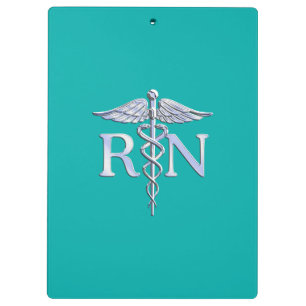 Registered Nurse RN Silver Caduceus on Turquoise Clipboard