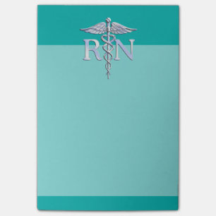 Registered Nurse RN Silver Caduceus on Turquoise Post-it Notes