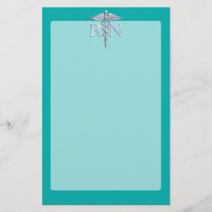 Registered Nurse RN Silver Caduceus on Turquoise Stationery