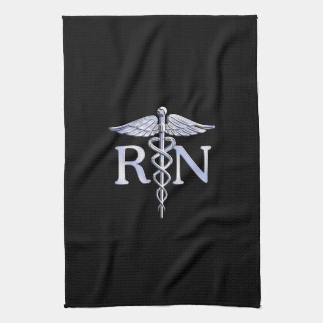 Registered Nurse RN Silver Caduceus Snakes Black Tea Towel (Vertical)