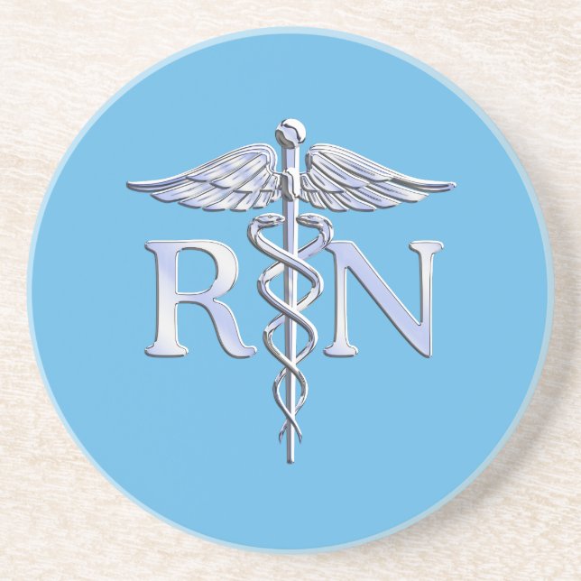 Registered Nurse RN Silver Like Caduceus Baby Blue Coaster (Front)