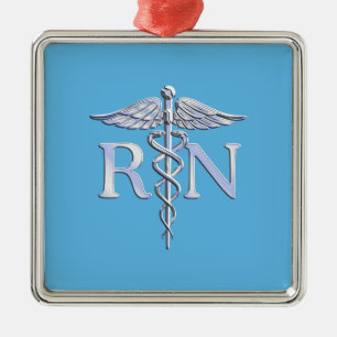 Registered Nurse RN Silver Like Caduceus Baby Blue Metal Tree Decoration