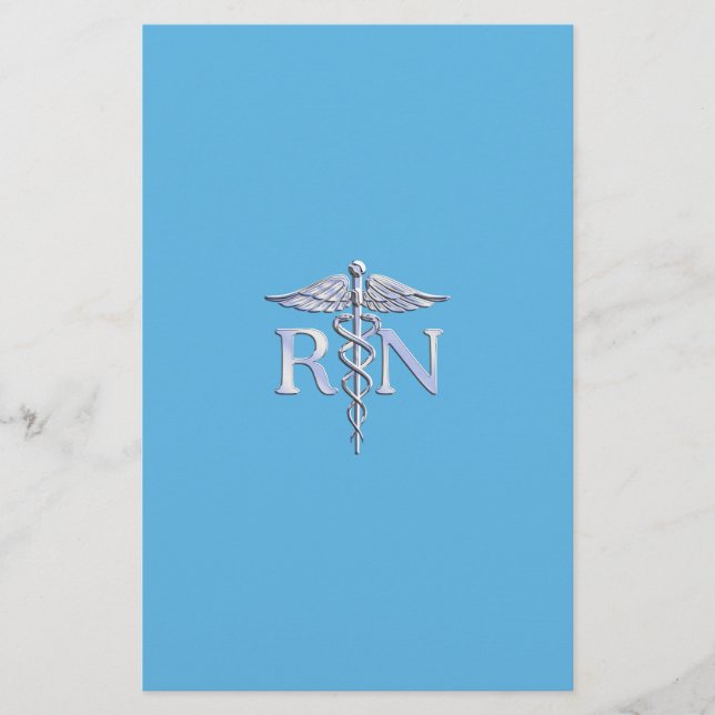 Registered Nurse RN Silver Like Caduceus Baby Blue Stationery (Front)