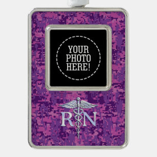 Registered Nurse Silver Caduceus Pink Camouflage Plated Framed Ornament