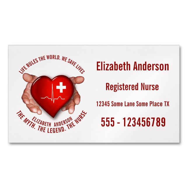 Registered Nurse With Red Heart In Hands Magnetic Business Card (Front)
