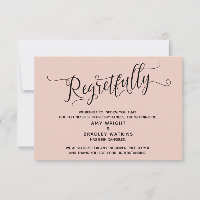 Regretfully Elegant Blush Cancelled Wedding Card (Front)