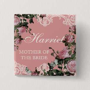 Rehearsal Bridal Party tags, Trellis Rose Vintage 15 Cm Square Badge