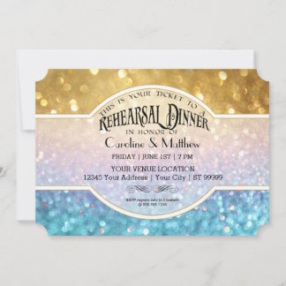 Rehearsal Dinne Bokeh Movie Ticket Style Gold Blue Invitation