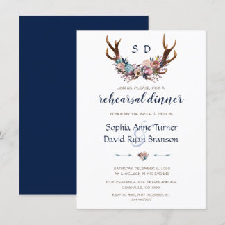 Rehearsal Dinner | Antlers Dusty Blue Pink Floral Invitation