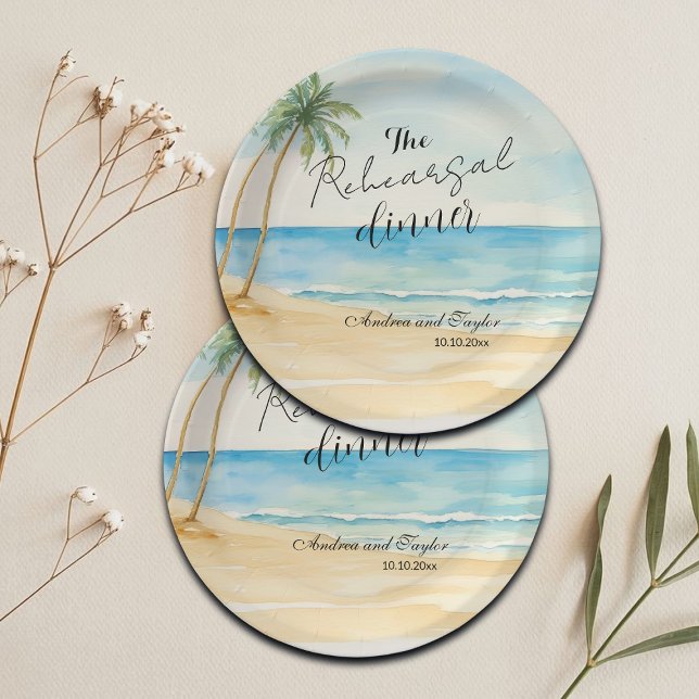 Rehearsal Dinner Beach and Palm Trees Wedding Paper Plate (Creator Uploaded)