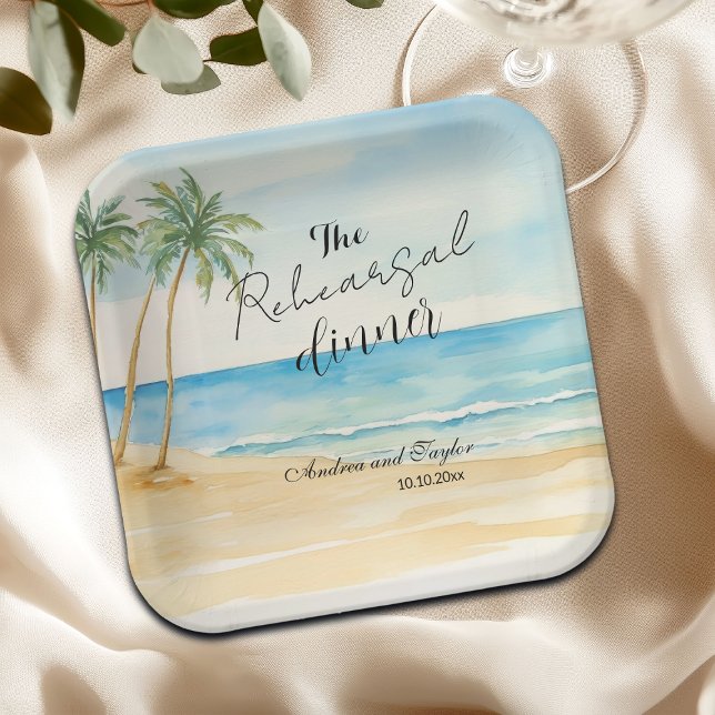 Rehearsal Dinner Beach and Palm Trees Wedding Paper Plate (Creator Uploaded)