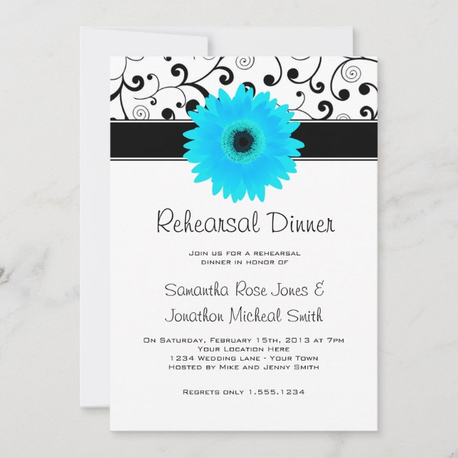 Rehearsal Dinner Blue Gerbera Daisy Black Scroll Invitation (Front)