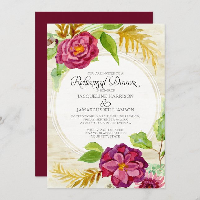 Rehearsal Dinner BOHO Burgundy Floral Fall Roses Invitation (Front/Back)