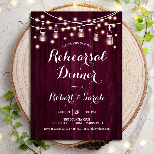 Rehearsal Dinner - Burgundy Rustic Wood Invitation (Creator Uploaded)