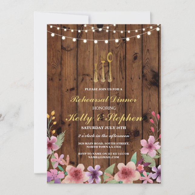 Rehearsal Dinner Cutlery Gold Lights Wood Invite (Front)