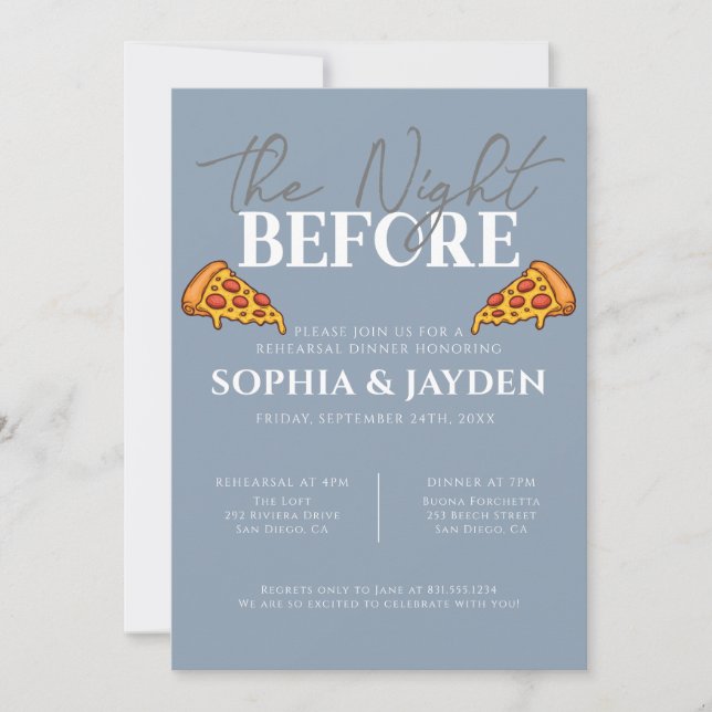 Rehearsal Dinner Dusty Blue PIZZA Modern Invitation (Front)