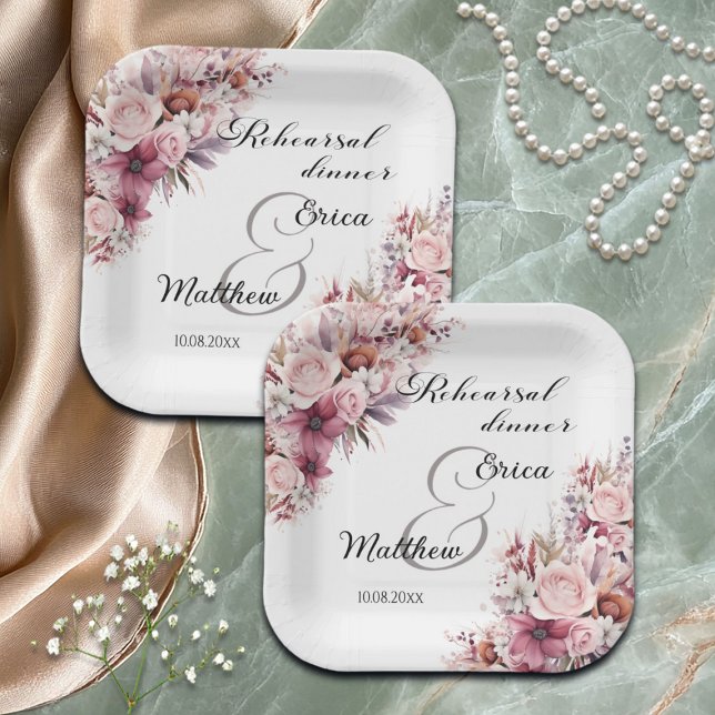 Rehearsal Dinner Dusty Pink Boho Floral Wedding Paper Plate (Creator Uploaded)