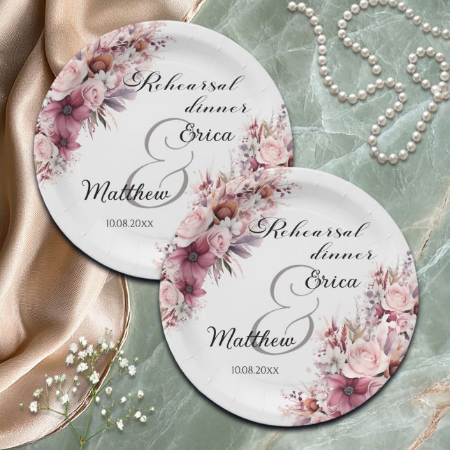 Rehearsal Dinner Dusty Pink Boho Floral Wedding Paper Plate (Creator Uploaded)