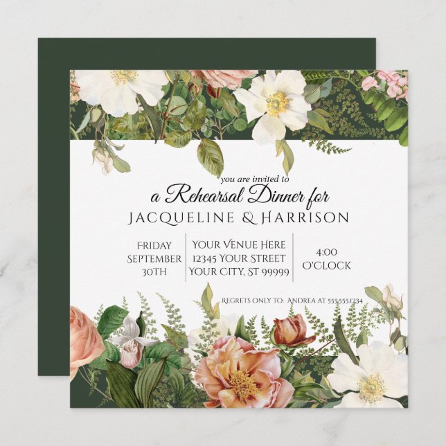 Rehearsal Dinner Emerald Forest Ivory Rose Floral Invitation (Front/Back)