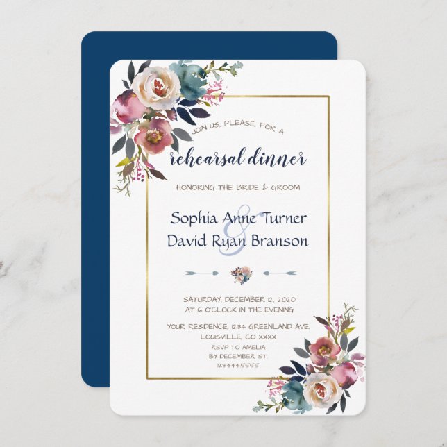 Rehearsal Dinner | Gold Dusty Blue Pink Floral Invitation (Front/Back)