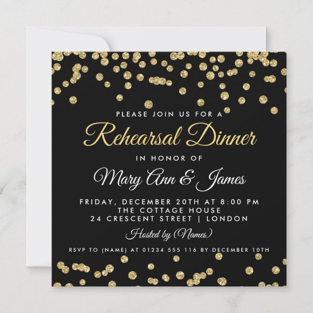 Rehearsal Dinner Gold Faux Glitter Confetti Black Invitation (Front)