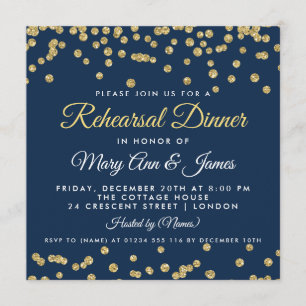 Rehearsal Dinner Gold Faux Glitter Confetti Navy Invitation