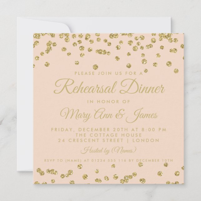 Rehearsal Dinner Gold Glitter Confetti Blush Rose Invitation (Front)