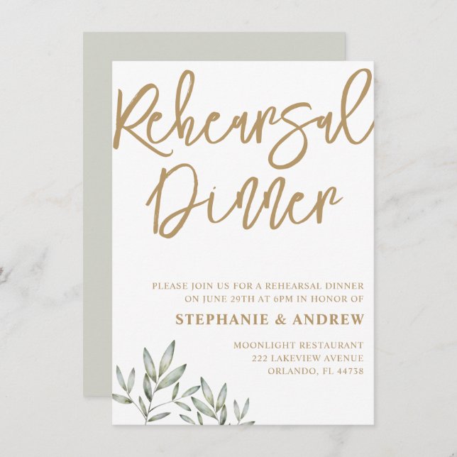 Rehearsal Dinner Gold & Green Invitation (Front/Back)