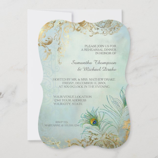 Rehearsal Dinner Gold Leaf Peacock Feather Elegant Invitation (Front)