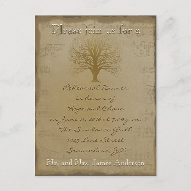 Rehearsal Dinner Golden Oak Tree Invitation Postcard (Front)