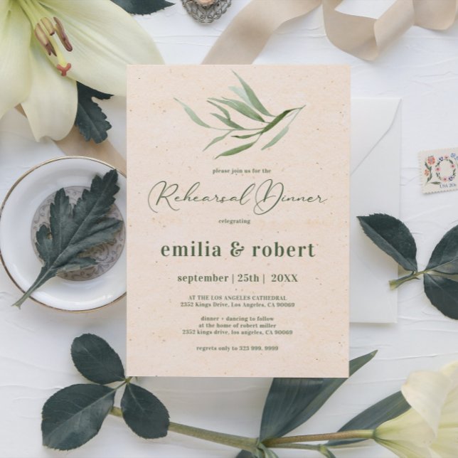 Rehearsal Dinner Green Foliage Beige Paper Invitation (Creator Uploaded)