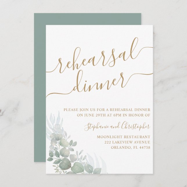 Rehearsal Dinner Green Foliage Gold Script Wedding Invitation (Front/Back)