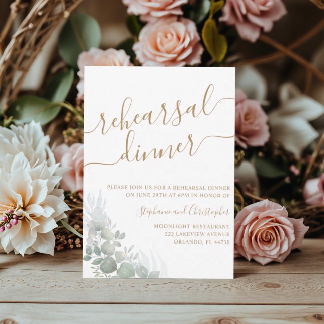 Rehearsal Dinner Green Foliage Gold Script Wedding Invitation (Creator Uploaded)