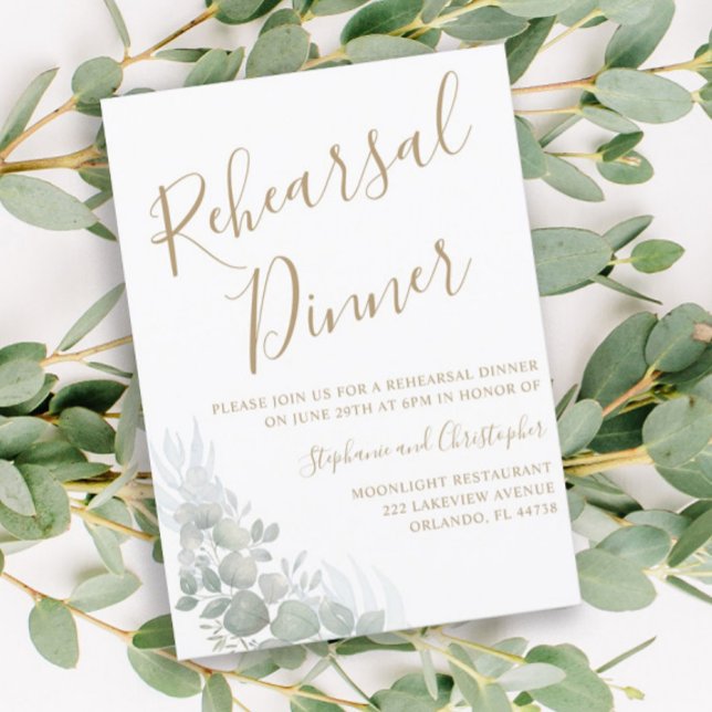 Rehearsal Dinner Green Foliage Gold Script Wedding Invitation (Creator Uploaded)