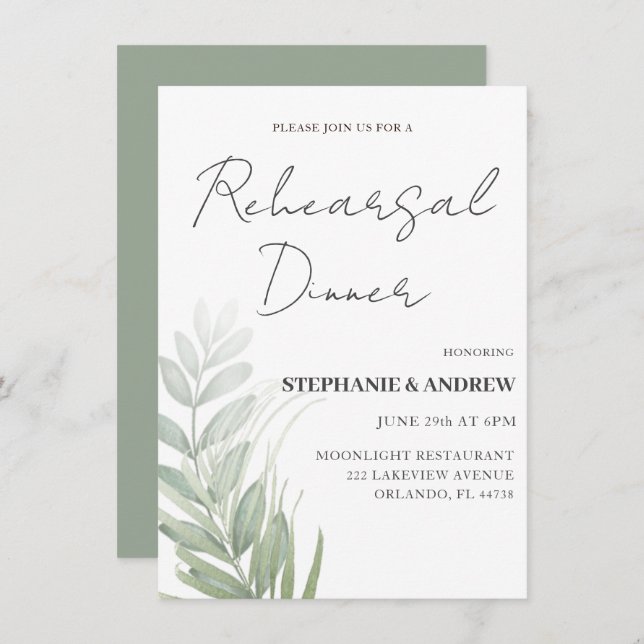 Rehearsal Dinner Green Foliage Wedding Invitation (Front/Back)
