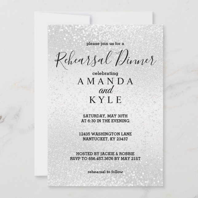 Rehearsal Dinner in a White Glitter Invitation (Front)