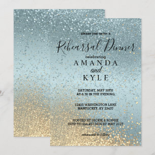 Rehearsal Dinner in Blue and Gold Glitter Invitation
