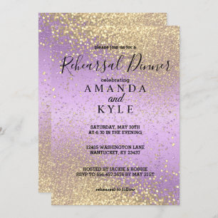 Rehearsal Dinner in Purple and Gold Glitter Invitation