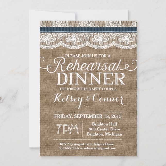 Rehearsal Dinner Invitation, Burlap & Lace, Navy Invitation (Front)