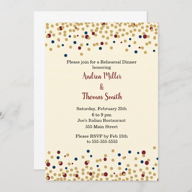Rehearsal Dinner Invitation Confetti Gold Blue Red (Front/Back)