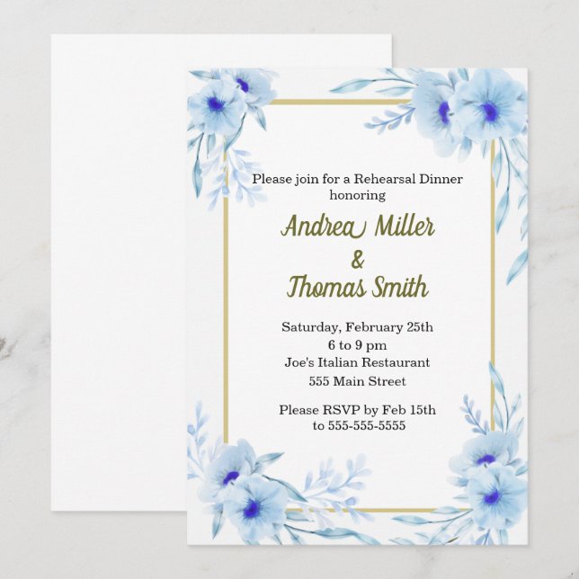 Rehearsal Dinner Invitation Floral Blue Gold (Front/Back)